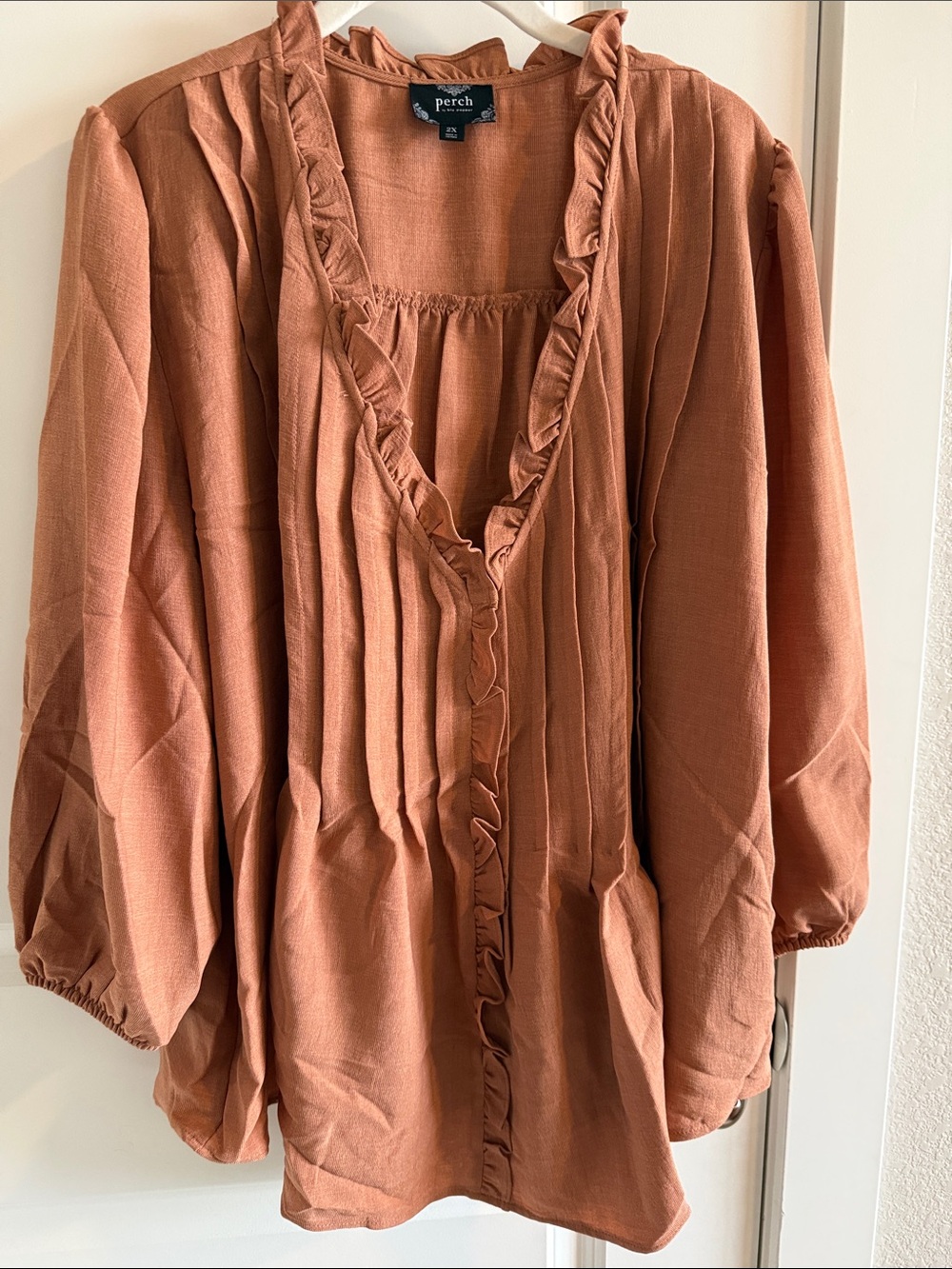 Rust Orange Ruffle V-Neck Women's Blouse - Picture 3 of 8
